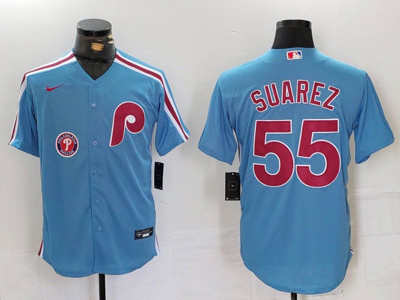 Men Philadelphia Phillies #55 Suarez Blue Throwback 2024 Nike MLB Jersey style 3